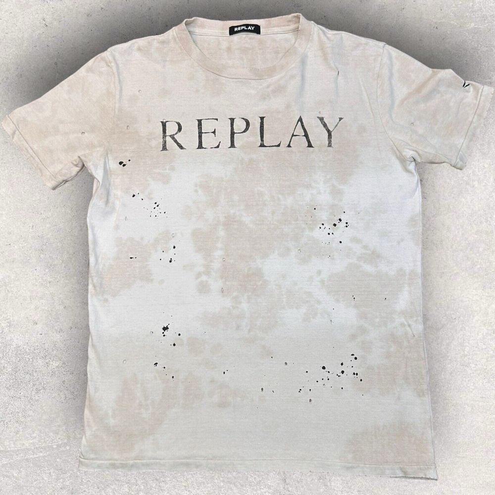 REPLAY Intentionally Distressed Designer T Shirt Beige Off Whit Fits Size Medium